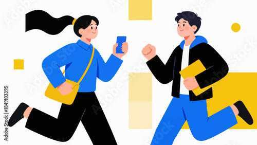 Two people running with phone and book