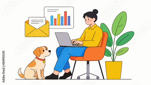 Woman working with dog on laptop