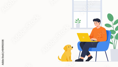 Man working on laptop with dog