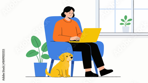 Woman working on laptop with dog