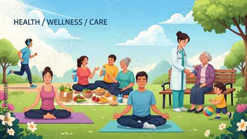 Wellness and Harmony: A vibrant scene depicts the essence of health and well-being, showcasing diverse individuals engaged in activities that promote physical and mental wellness. 