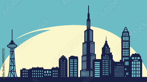 Illustrated city skyline with modern skyscrapers and communication tower at sunset