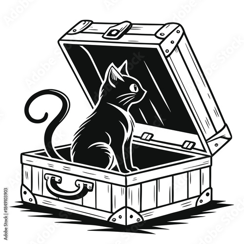 Black Cat Sitting Inside Open Suitcase Illustration for Travel Concept