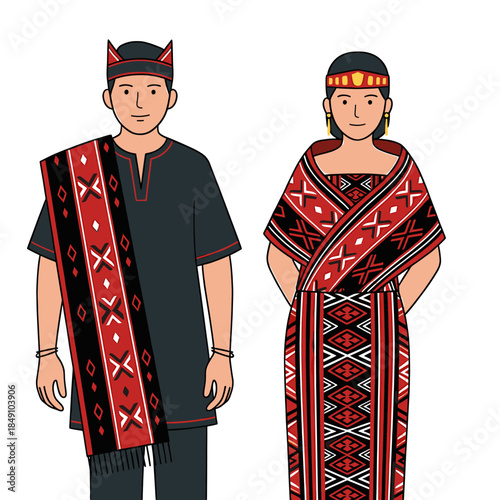 Illustration of a man and woman in traditional tribal attire with red, black, and white patterns standing against a white background.