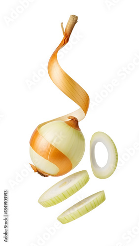 Fresh yellow onion with peel and sliced rings isolated on white background, perfect for cooking and food recipes
