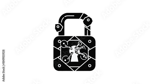 Secure online protection concept with padlock robot and network background in black and white