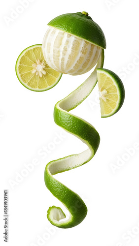 Peeled lime with spiral peel and slices isolated on white background, fresh citrus fruit perfect for cooking and drinks