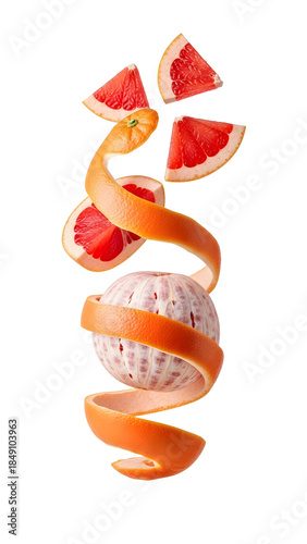 Peeled grapefruit with spiral peel and fresh slices floating around, isolated on white background, perfect for healthy eating and food concepts
