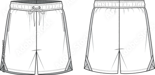 Athletic shorts vector, front and back view, elastic drawstring waistband, side pockets, technical fashion sketch, sportswear design template
