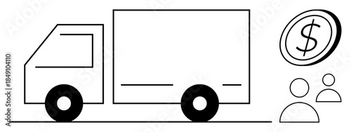 Logistics, delivery services, cost savings, transportation, commercial shipping, customer management. Outline of a truck, dollar coin and two persons. Logistics and cost savings concept