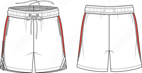 Athletic shorts vector, front and back view, elastic waistband, zip pockets, technical fashion sketch, sportswear design template, apparel mockup