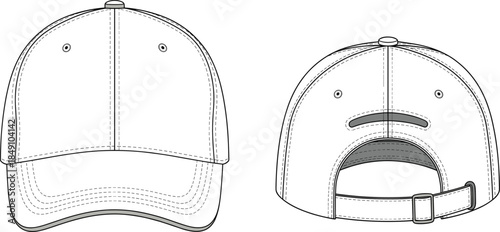 Baseball cap vector, technical fashion sketch, front and back view, curved brim, adjustable strap, panel seams, garment illustration template