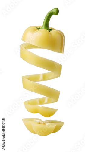 Yellow bell pepper spiral sliced floating on white background, fresh vegetable concept for cooking and healthy eating