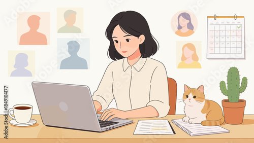 Woman working at desk with cat