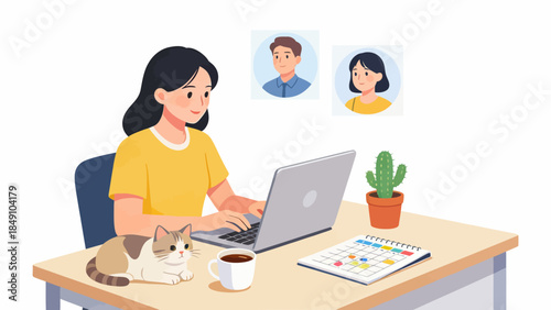 Woman working at desk with cat