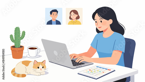 Woman working at desk with cat and laptop