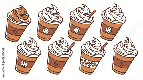 Collection of illustrated iced coffee drinks with whipped cream and straws