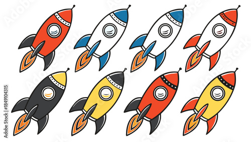 Colorful Rocket Illustrations Set with Various Designs and Colors for Space Themed Projects