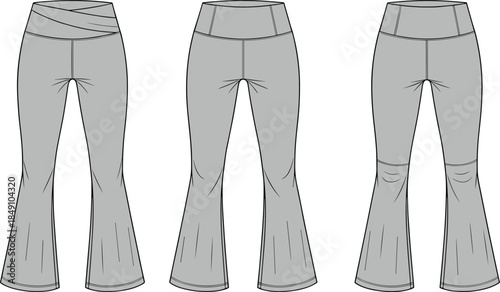 Flared pants vector set, three design variations, crossover waistband, high waist seam detail, technical fashion sketch, apparel template