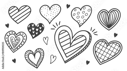 Collection of diverse handdrawn hearts in various styles and patterns perfect for design projects
