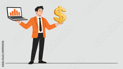 Businessman holding laptop and dollar sign