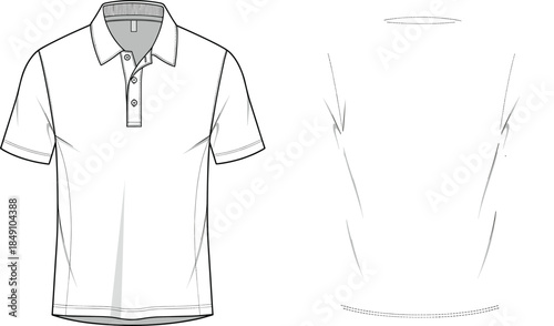 Polo shirt vector, front and back view, short sleeve design, button placket, technical fashion sketch, apparel template for garment production