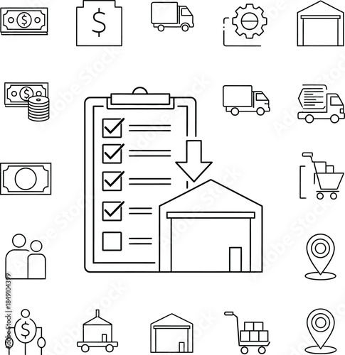 A collection of line icons representing various aspects of logistics and supply chain processes