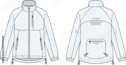 Technical jacket sketch, front and back view, packable design, zip pockets, ventilation panel, high collar, drawstring hem, fashion vector illustration