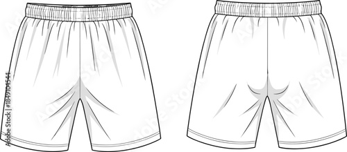 Technical shorts sketch, front and back view, elastic waistband, pleated front, smooth back, contour seams, fashion vector illustration, garment design