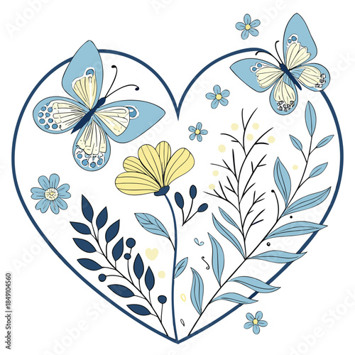 Heartshaped illustration with butterflies and flowers in blue and yellow hues