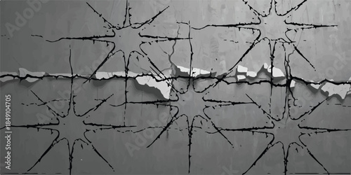 Broken wall with glass fragments and natural elements background