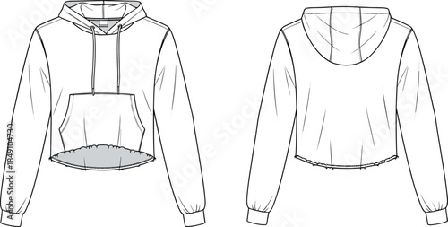 Technical sketch of cropped hoodie, front and back view, drawstring hood, kangaroo pocket, curved hem, ribbed cuffs, fashion vector illustration