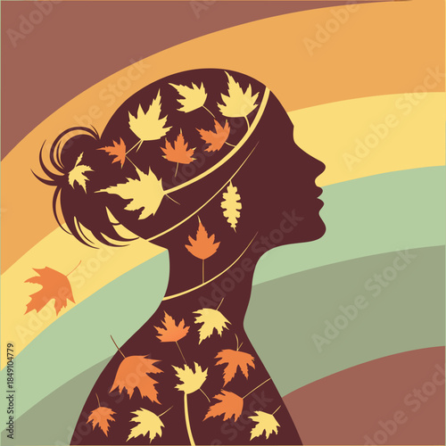 Silhouette of a Woman with Autumn Leaves in Hair Nature Background