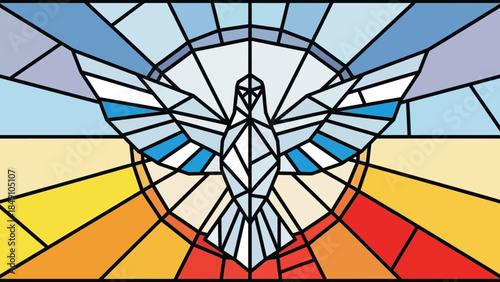 Vibrant stained glass dove with outstretched wings in rainbow colors