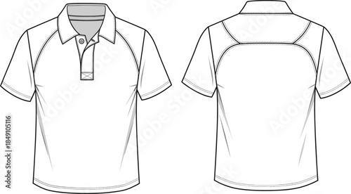 Technical sketch of polo shirt, front and back view, button placket, raglan sleeves, yoke seam, curved stitching, fashion vector illustration