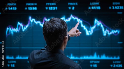 Man Stock Market Financial Chart Analysis Investment Trading Business Finance Technology Data Blue Graph Economy Professional Digital Growth Success Strategy Risk Opportunity Monitor Statistics
