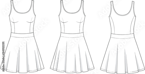 Technical sketch of sleeveless pleated dresses, front and back views, fitted bodice variations, flared skirts, fashion vector illustration, garment design