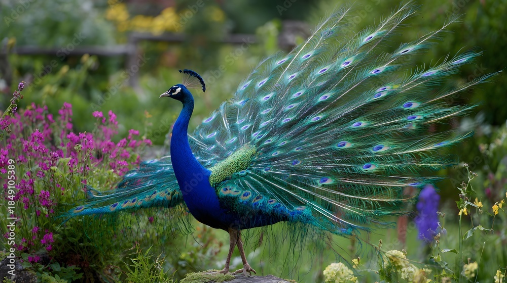 Obraz premium Majestic Peacock Displays Vibrant Plumage in Lush Garden Setting.
