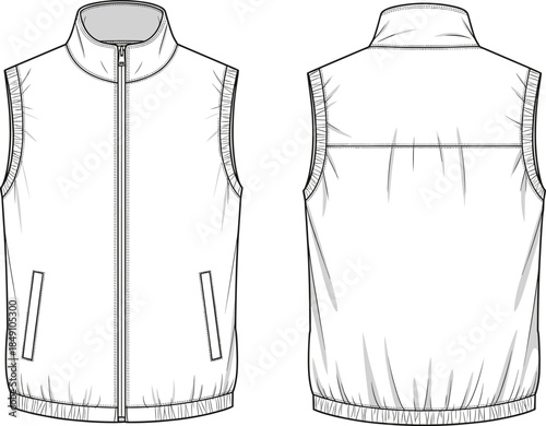 Technical sketch of sleeveless vest, front and back view, high collar, zip pockets, gathered hem, fashion vector illustration, garment design