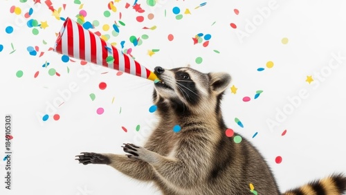 raccoon with a party noise maker in it's mouth, celebration, fun, on a white background, animal photo, blowing