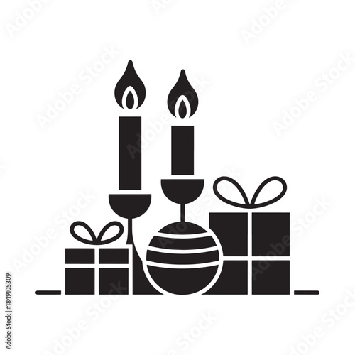 Festive holiday scene featuring lit candles gifts and a decorative ornament