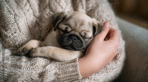 Cozy winter moment with sleeping pug puppy in knitted sweater,National Hug Your Puppy Day