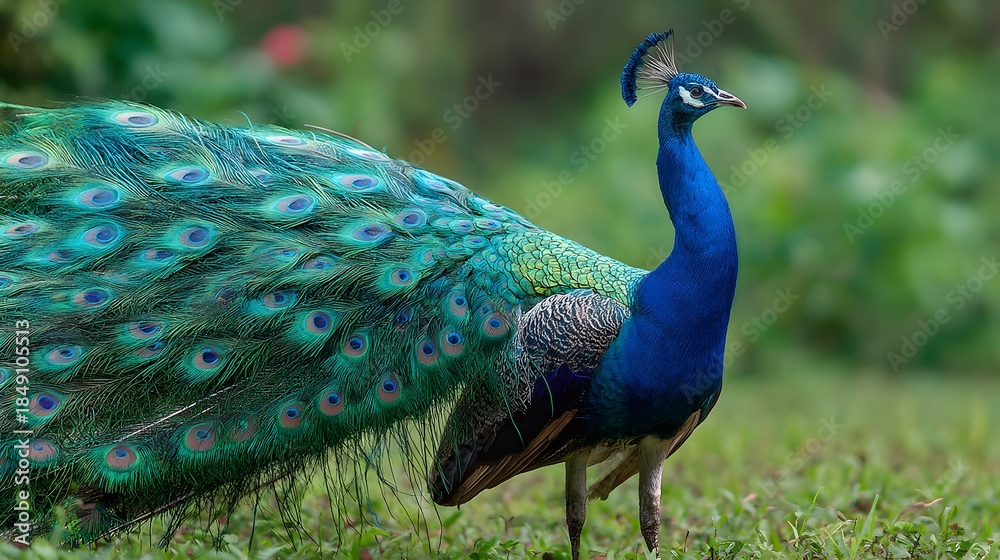 Fototapeta premium Majestic Peacock Displays Vibrant Plumage in Lush Greenery.