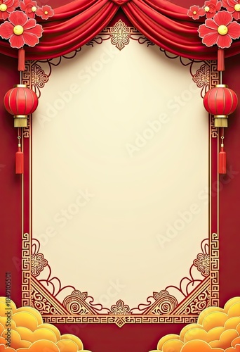 Chinese New Year Red Theater Stage Background with Hanging Lanterns, Red Curtains and Decorative Frame