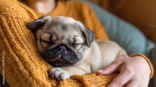 Cozy warmth and comfort with a sleeping pug puppy in winter sweater,National Hug Your Puppy Day