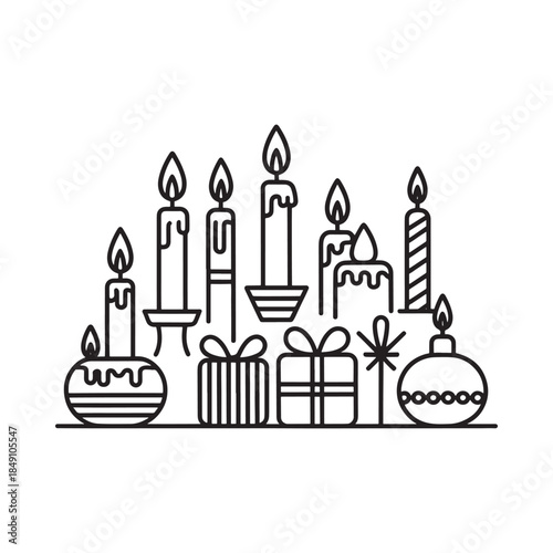 A festive arrangement of lit candles gifts and holiday decorations in black and white