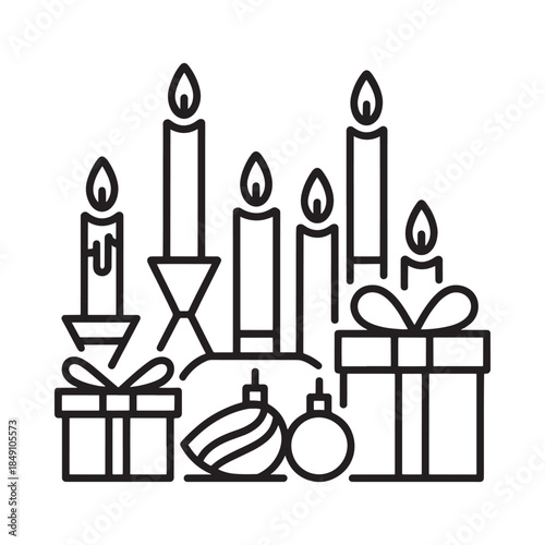 Line art illustration of lit candles gifts and holiday ornaments