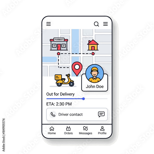 Smartphone app showing real-time food delivery tracking with map, driver details, and estimated time of arrival.