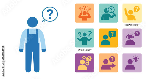 Flat design illustration of a blue human figure with question mark surrounded by colorful icons depicting people and queries on a white background.