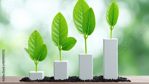 Young green plant growth on white podiums and bar graph columns, symbolizing business growth, finance, investment, sustainability, and success in nature with green leaf, fresh optimistic atmosphere